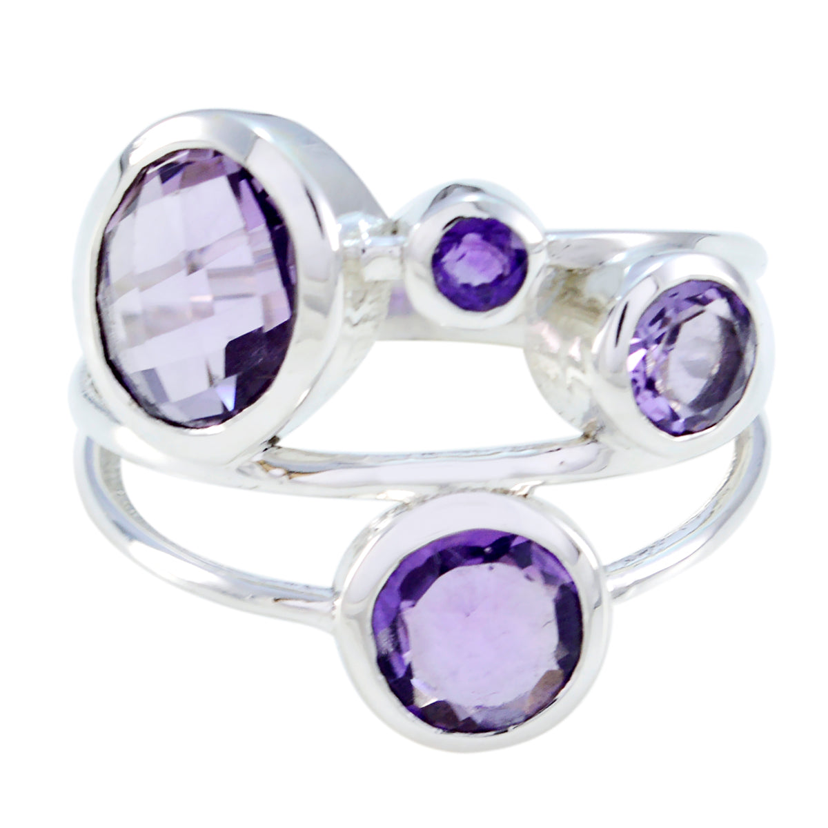 Noelia sterling silver multi stone purple gemstone ring for women with faceted amethyst stones and double band design