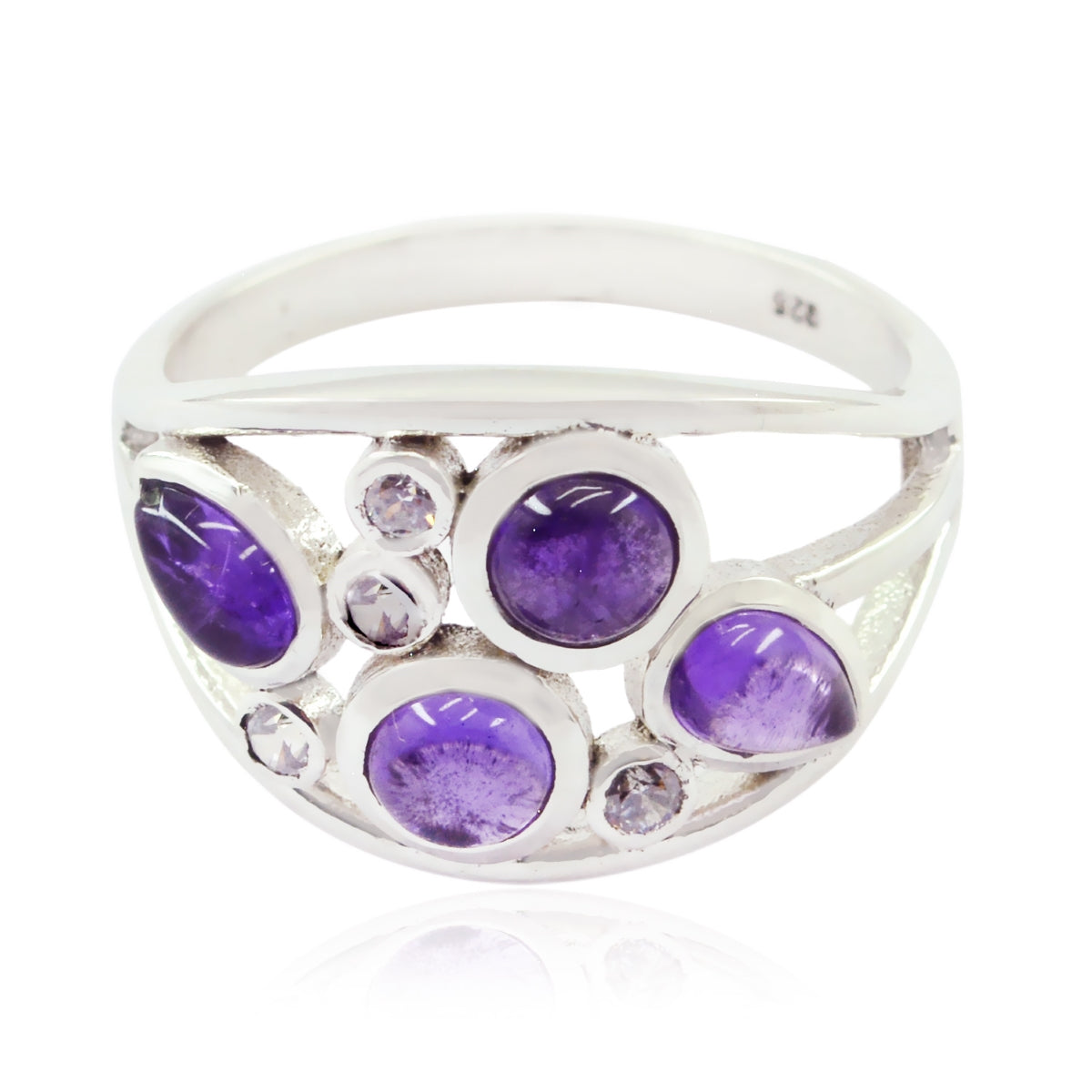 Katarina silver ring featuring multiple purple gemstones in various shapes and sizes