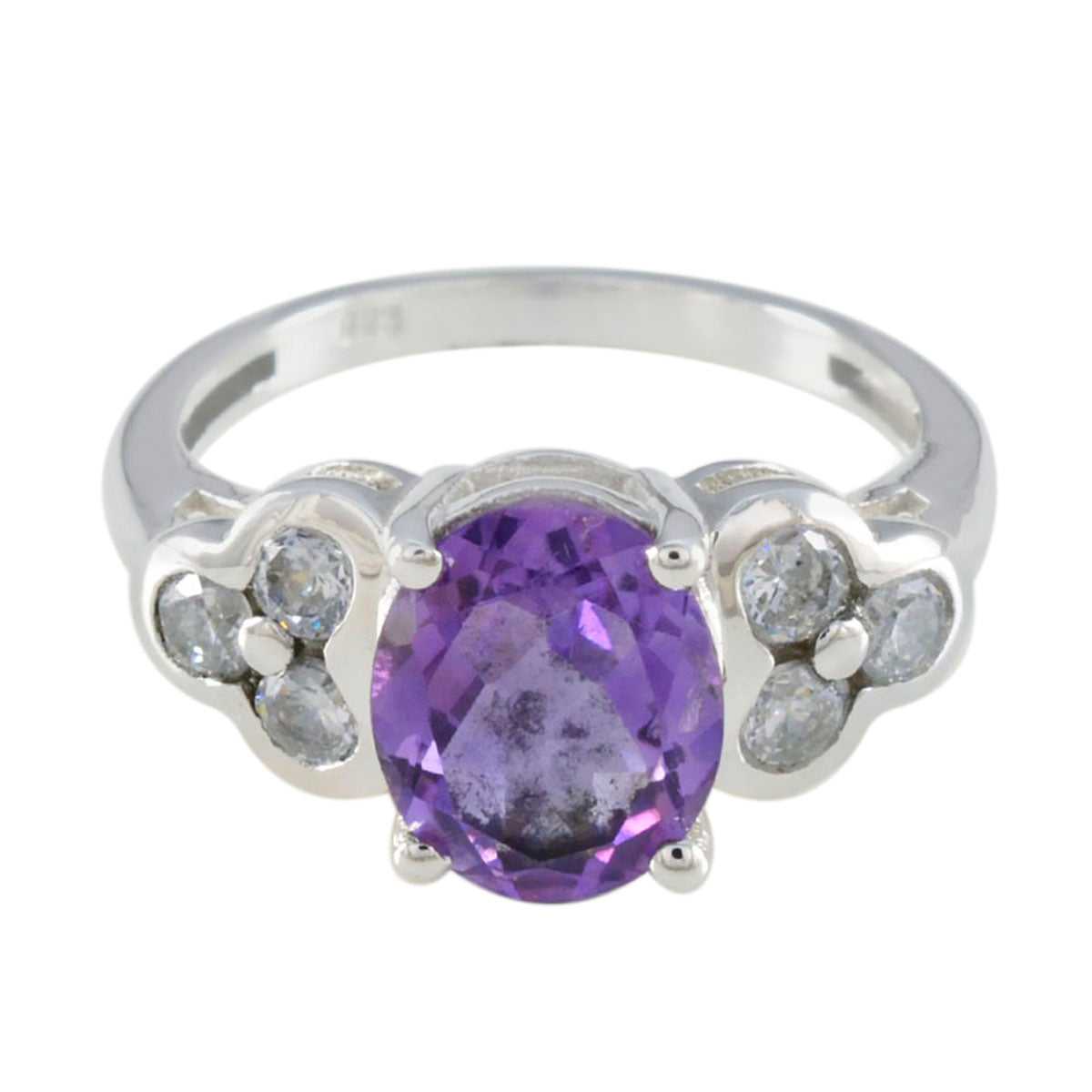 Harper silver ring featuring a purple gemstone ring with clear accent stones on each side