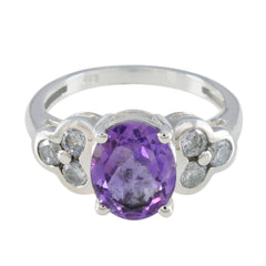 Harper silver ring featuring a purple gemstone ring with clear accent stones on each side