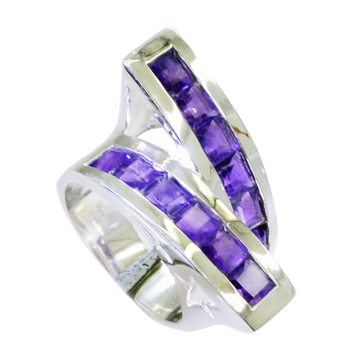 Isabelle silver ring featuring a stylish purple gemstone ring design with square-cut stones