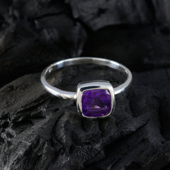 Lakshmi purple gemstone solitaire ring with cushion-cut purple stone on silver band