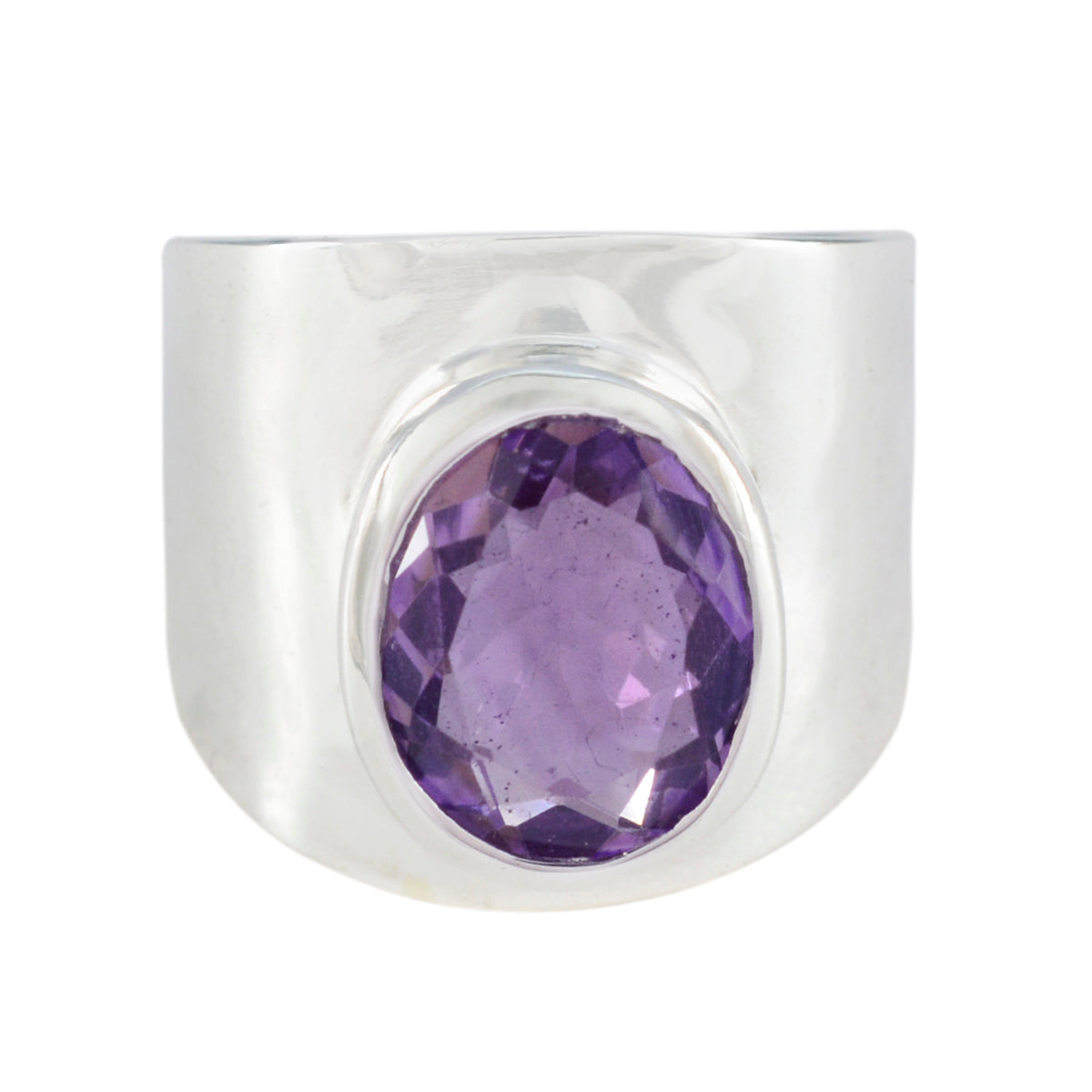 Fernanda purple gemstone solitaire ring with wide silver band and oval faceted stone