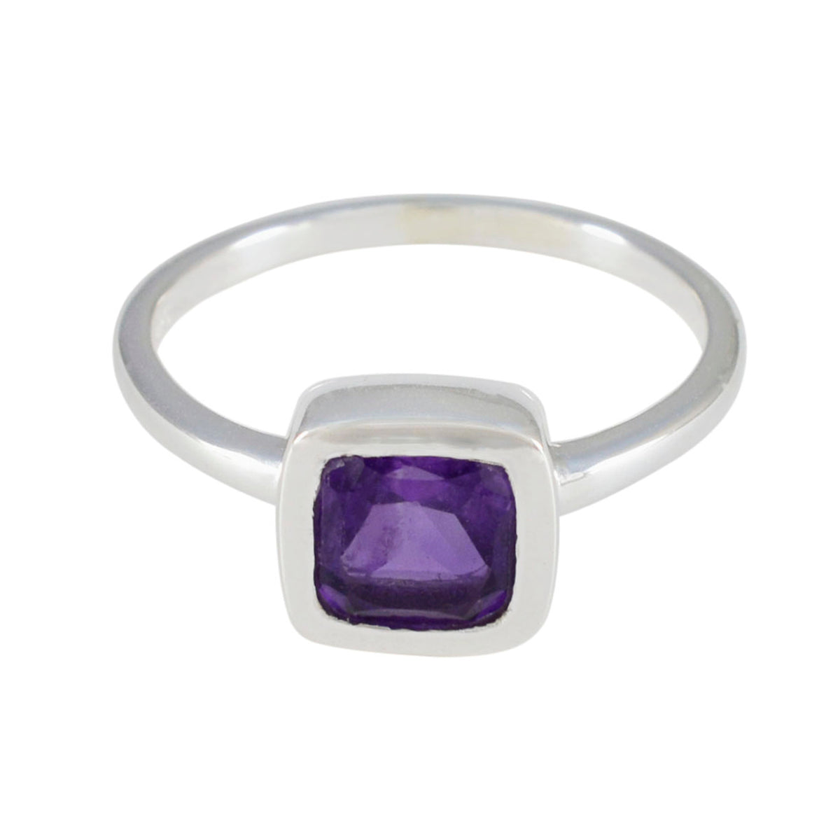 Lakshmi purple gemstone solitaire ring with square-cut purple stone set in silver band