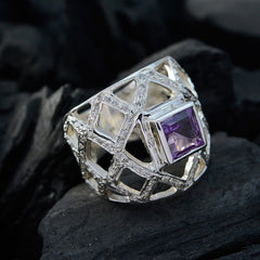 Aurora silver openwork ring with a purple gemstone statement ring in square cut design