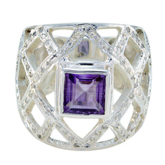 Aurora silver ring with square purple gemstone statement ring design and intricate lattice pattern