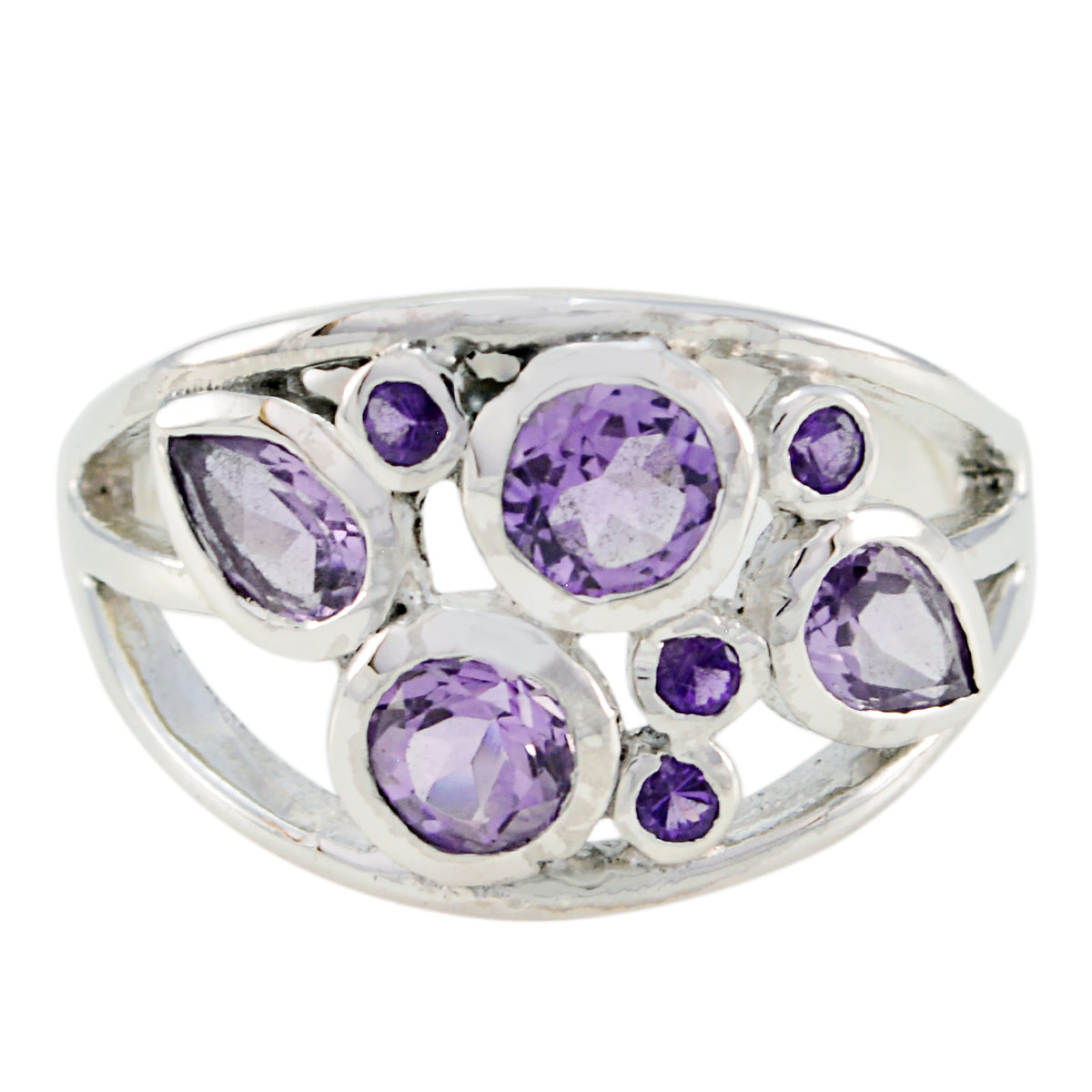 Saanvi purple gemstone statement ring with multiple round and teardrop shaped stones in silver setting