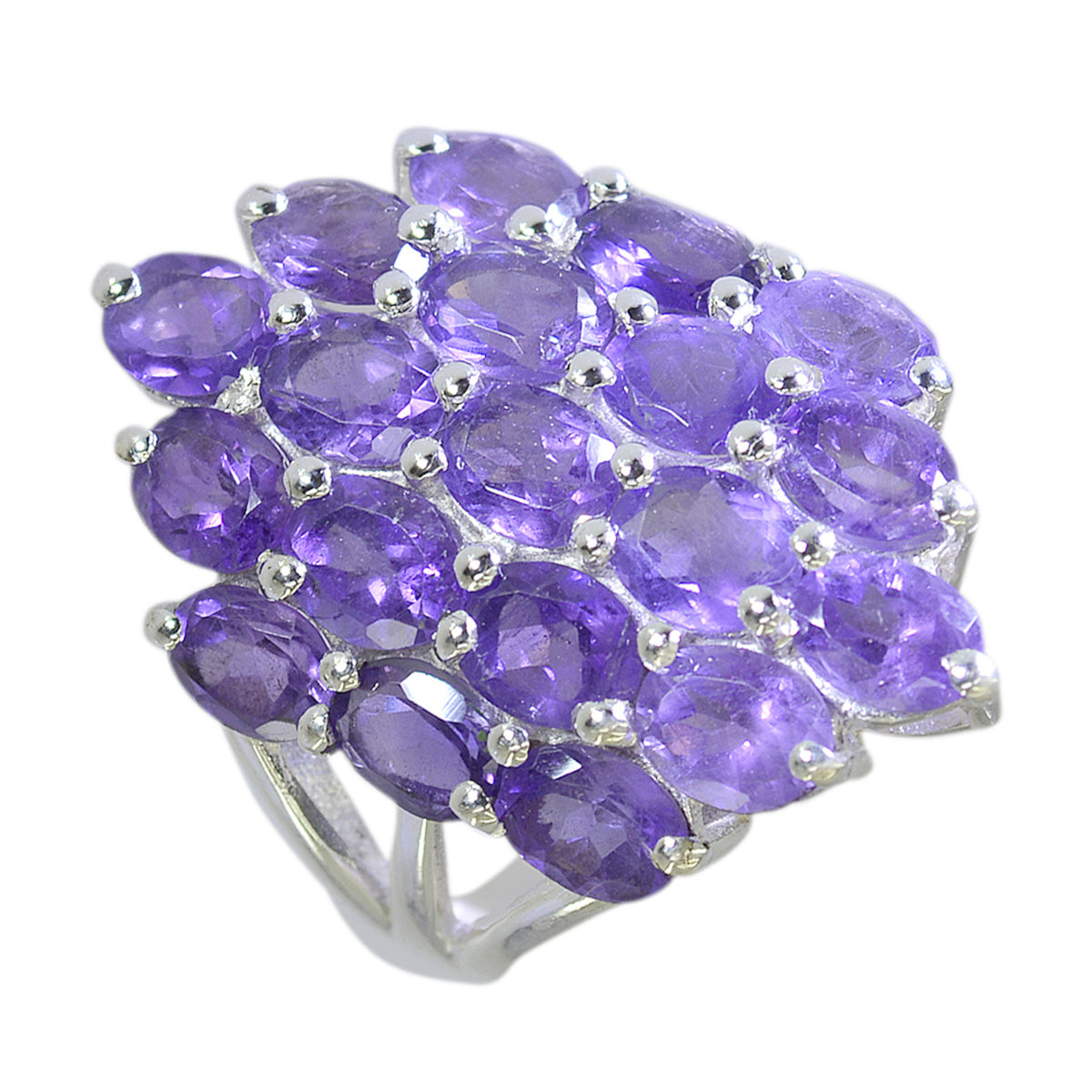 Renata purple gemstone statement ring featuring multiple oval purple gemstones set in silver