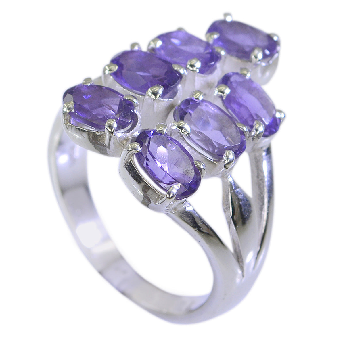 Audrey purple gemstone statement ring with multiple oval purple stones set in silver band