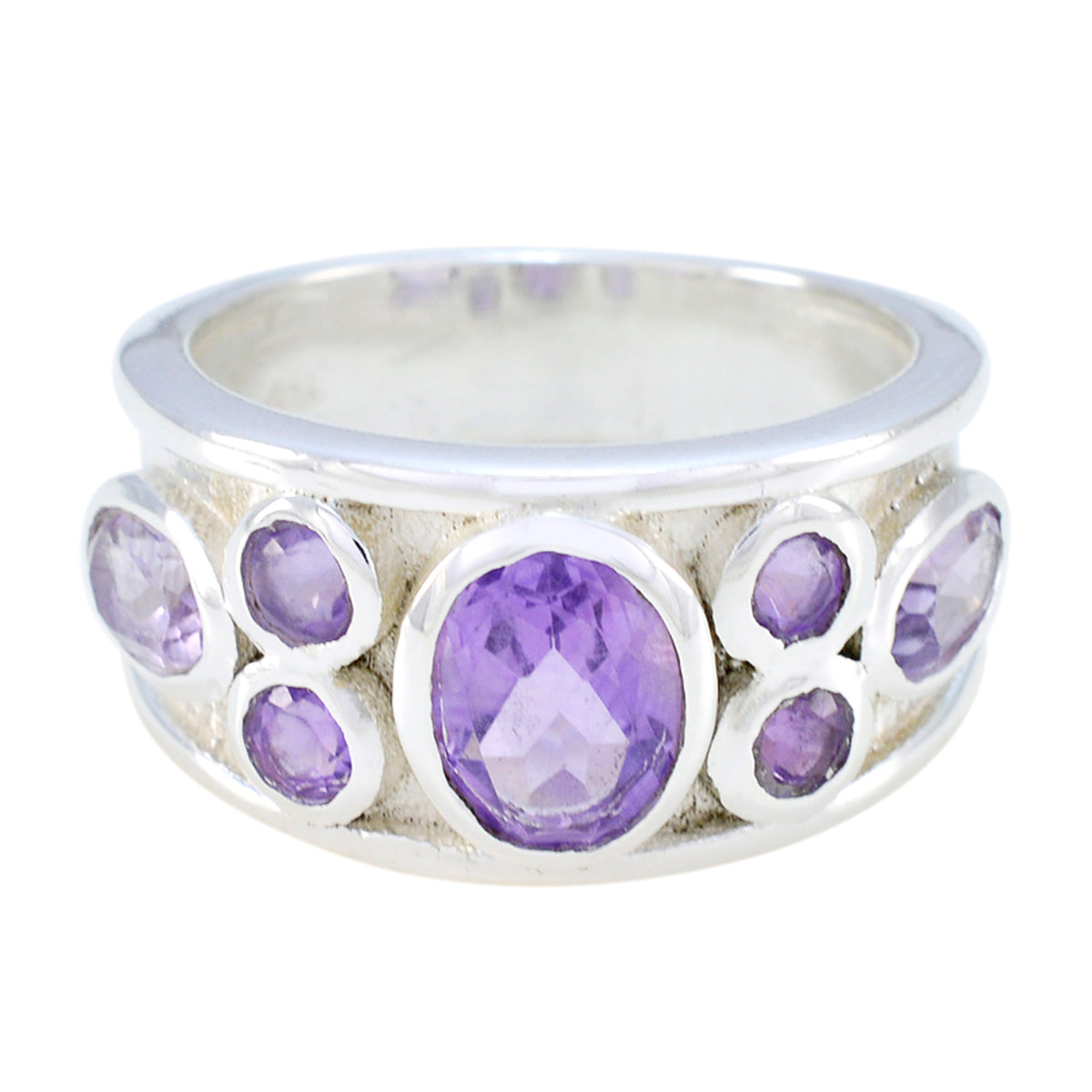 Nayara purple gemstone statement ring with multiple oval purple stones set in silver band