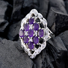 Olivia purple gemstone statement ring with oval purple stones and silver intricate design