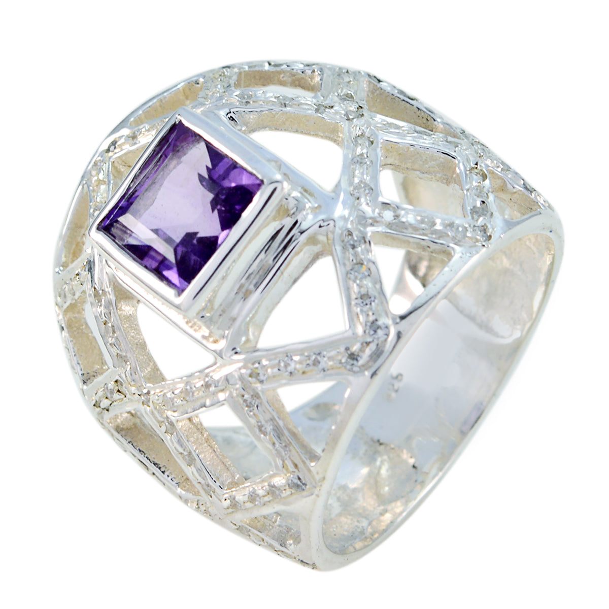 Aurora silver ring with a purple gemstone statement ring featuring a square-cut design