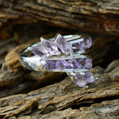 Tereza sterling silver ring with marquise and round amethyst accents purple gemstone statement ring on wood