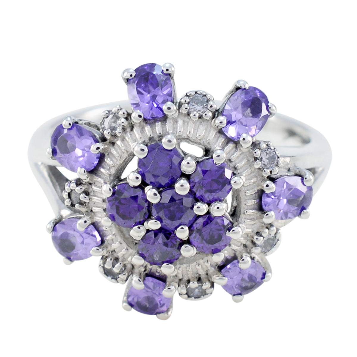 Micaela purple gemstone statement ring featuring multiple oval and round purple stones set in silver
