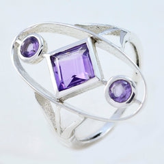 Renata purple gemstone trilogy ring with square and round purple stones set in silver