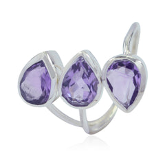 Saanvi purple gemstone trilogy ring with three pear shaped amethyst stones in sterling silver statement ring
