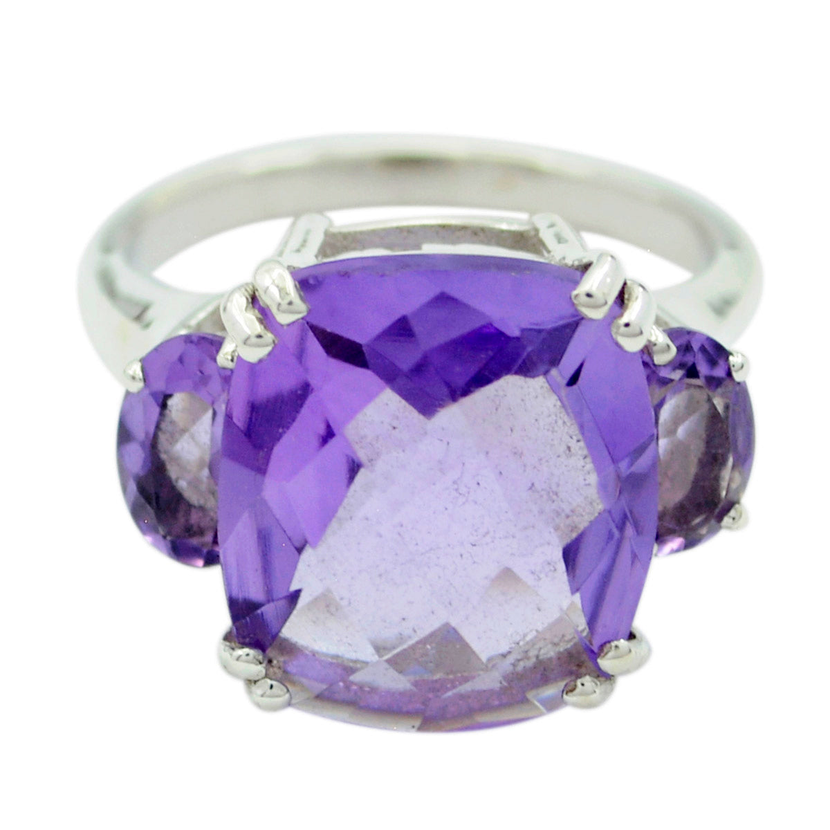 Layla purple gemstone trilogy ring with a large cushion-cut center stone and two smaller round stones