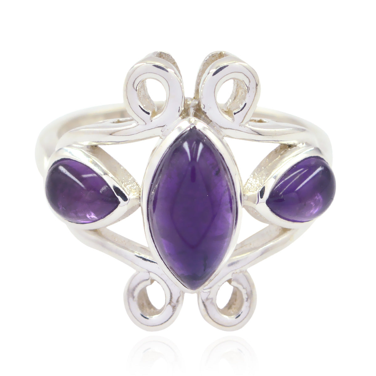Siti silver ring featuring a purple gemstone trilogy ring design with three polished purple stones