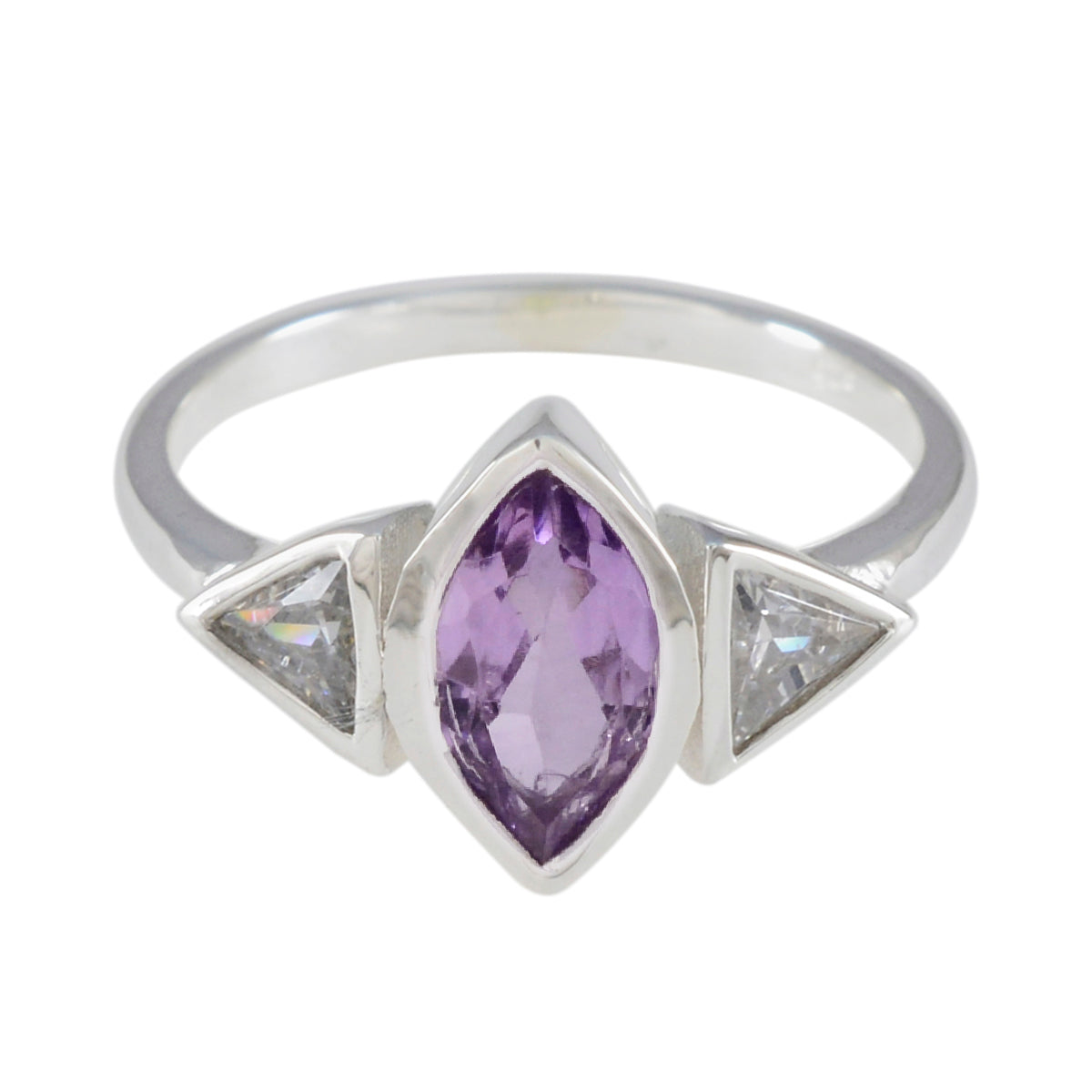 Priya silver purple gemstone trilogy ring with marquise purple center and two clear triangular side stones