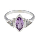 Priya silver purple gemstone trilogy ring with marquise purple center and two clear triangular side stones