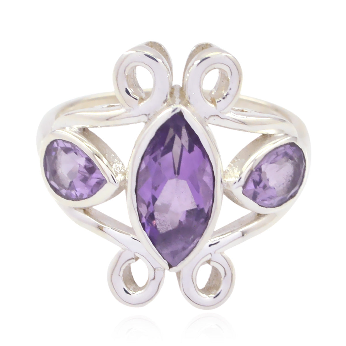 Camila purple gemstone trilogy ring featuring three purple stones with elegant silver swirl design
