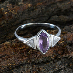 Priya silver purple gemstone trilogy ring with marquise center stone and triangular side stones