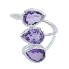 Saanvi silver ring with three pear shaped amethyst stones open band purple gemstone trilogy ring