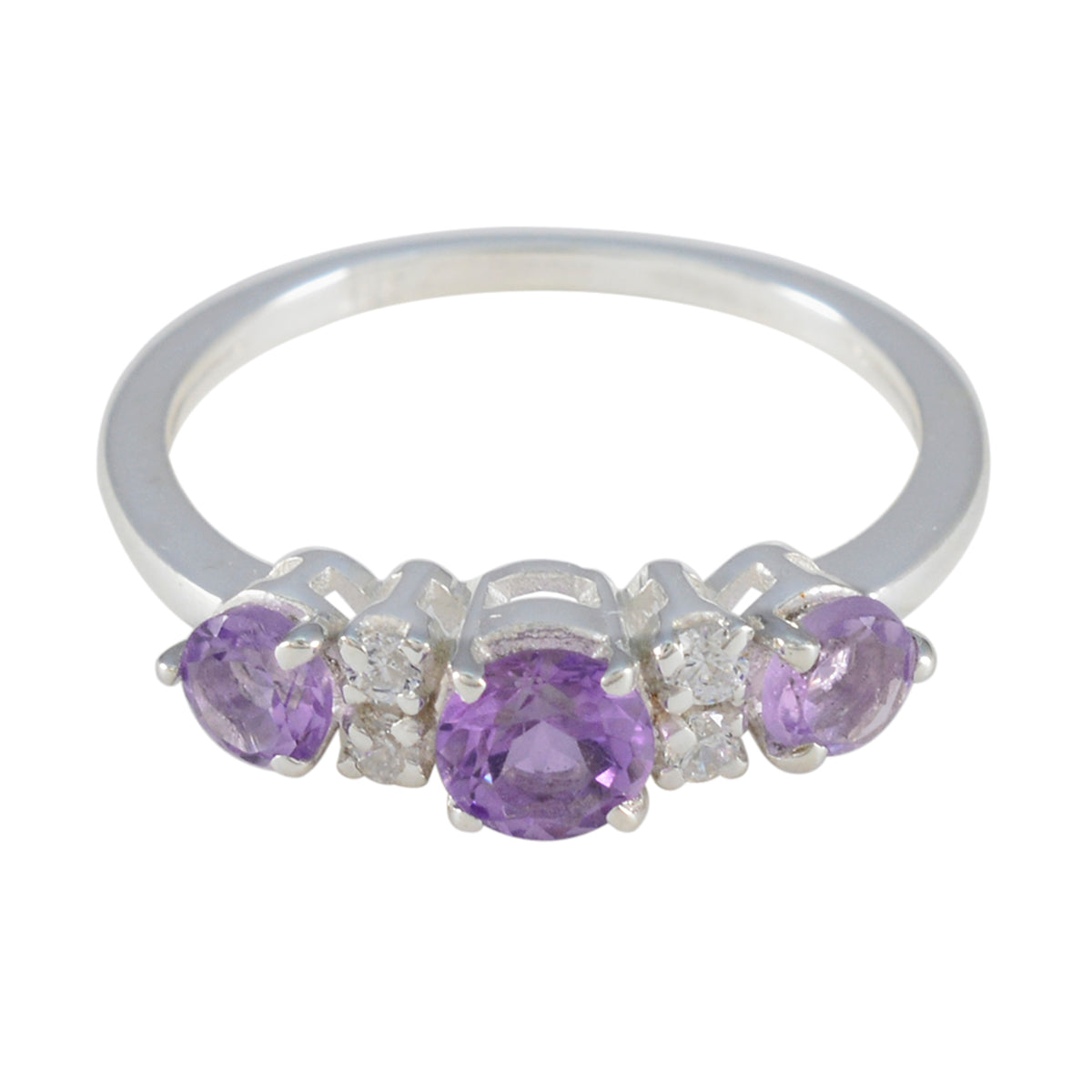Emi purple gemstone trilogy ring with three purple stones and silver band