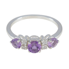 Emi purple gemstone trilogy ring with three purple stones and silver band
