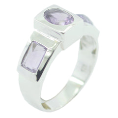 Ella silver purple gemstone trilogy ring featuring three distinct light purple stones in unique settings