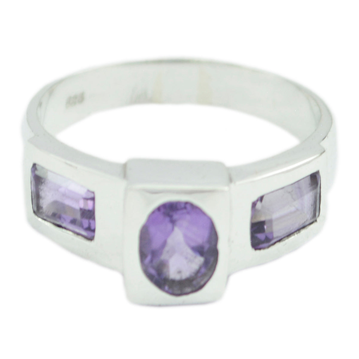Ella silver ring featuring a purple gemstone trilogy ring design with three purple stones