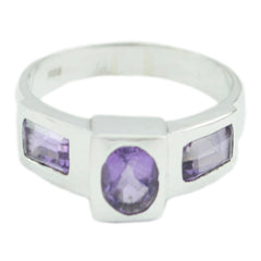 Ella silver ring featuring a purple gemstone trilogy ring design with three purple stones