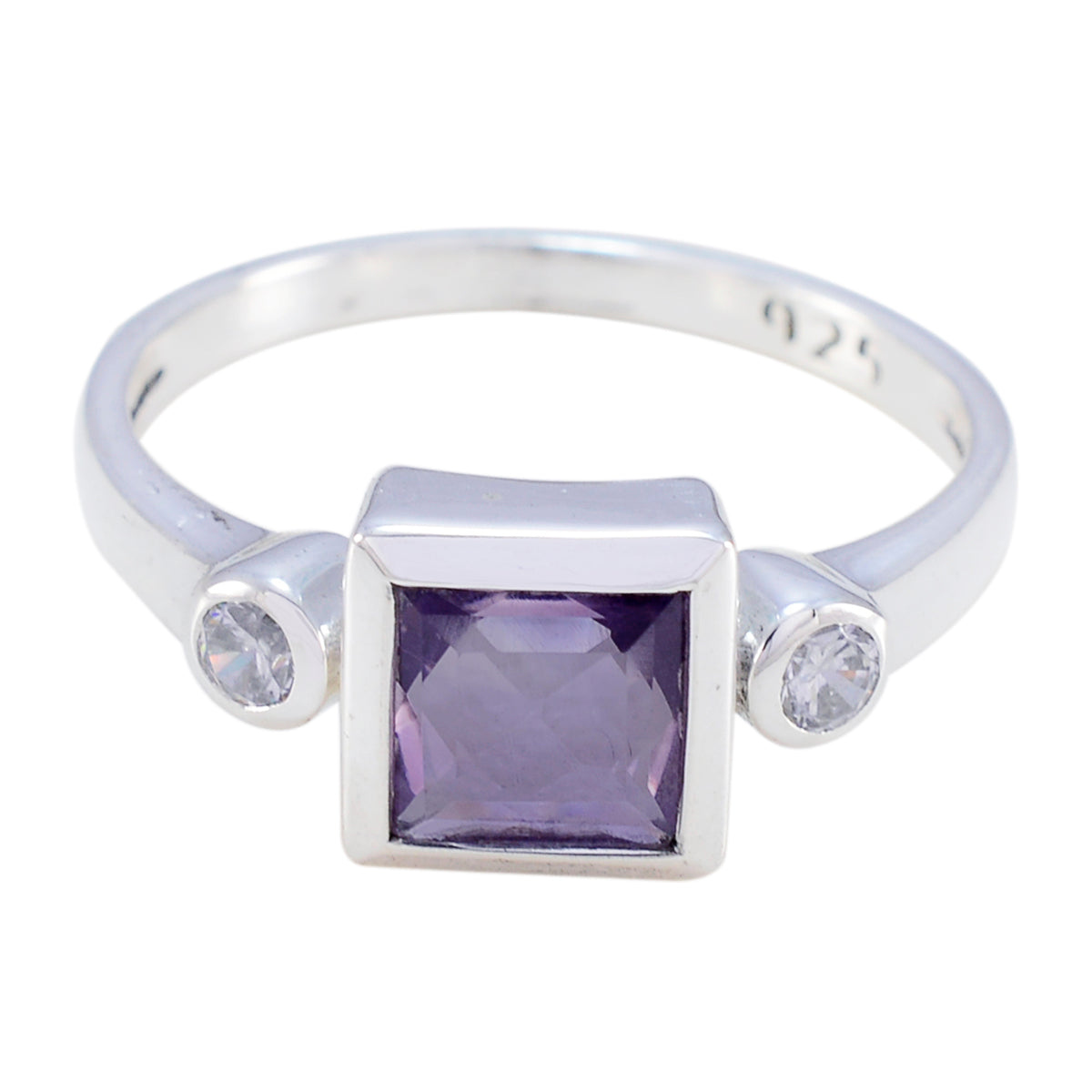 Scarlett purple gemstone trilogy ring with square purple center stone and two small clear side stones