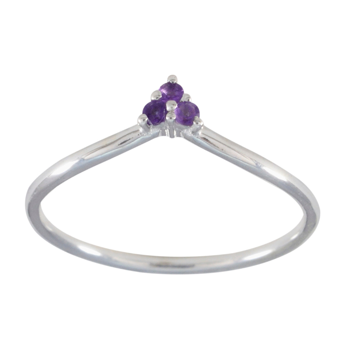 Ling silver ring featuring a delicate purple gemstone trilogy ring design with three purple stones