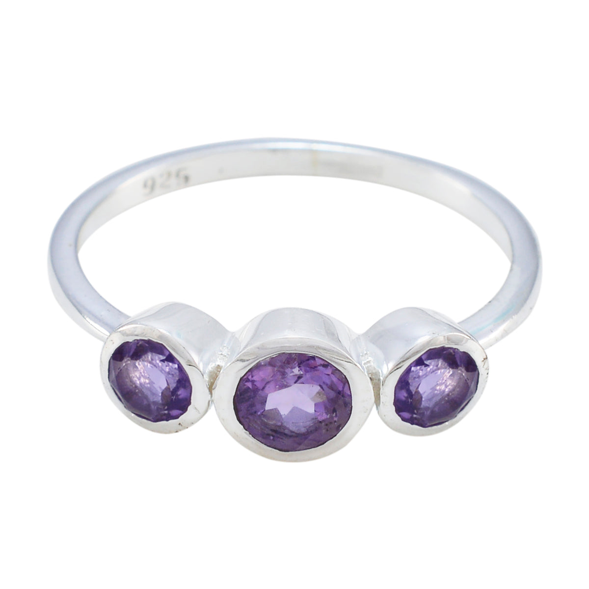 Lily silver ring featuring a purple gemstone trilogy ring design with three oval purple gemstones