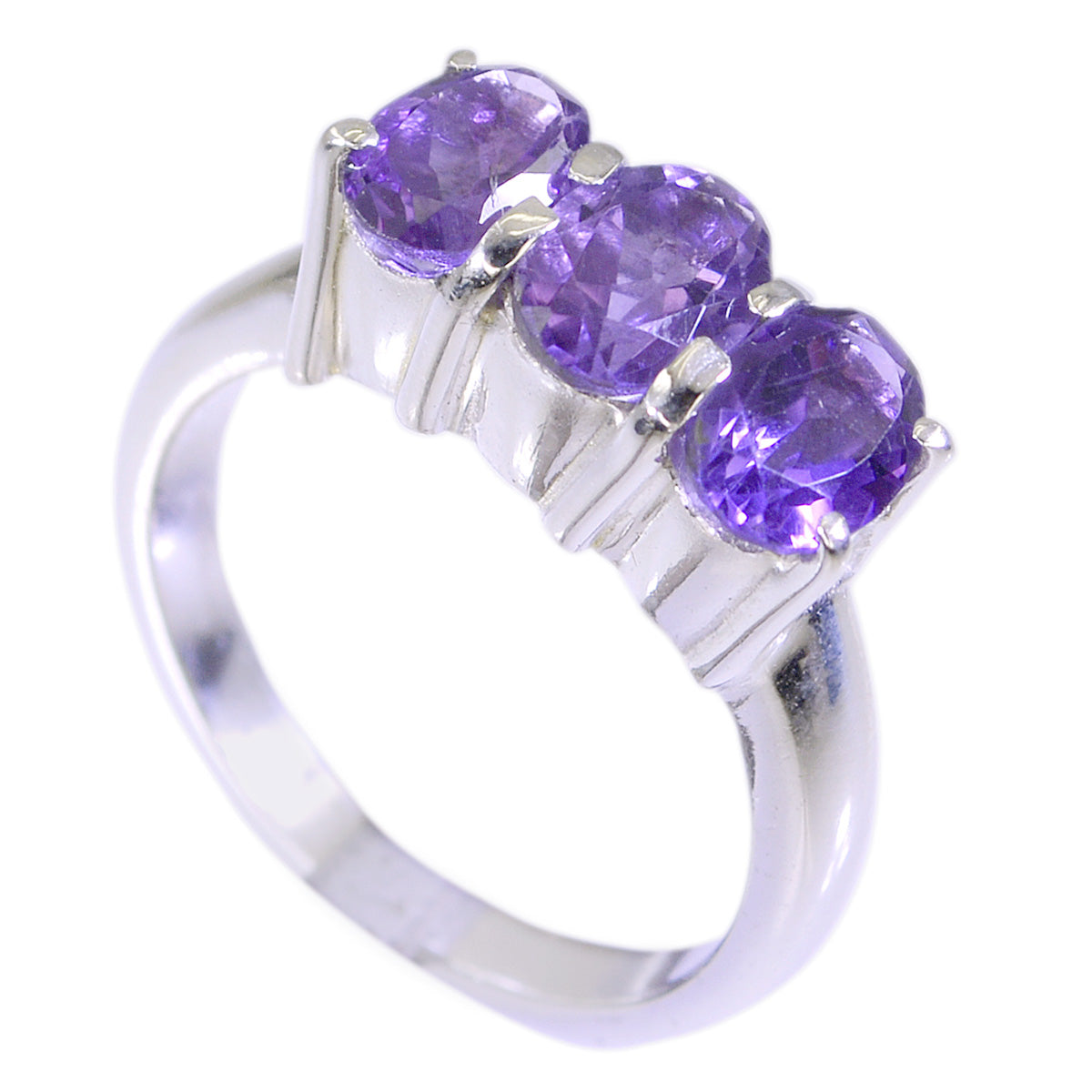 Anna purple gemstone trilogy ring with three purple gemstones set in silver band
