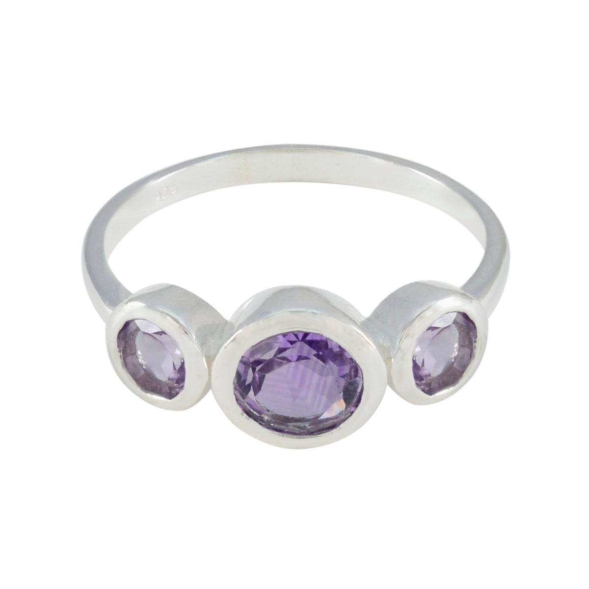 Ying silver purple gemstone trilogy ring featuring three oval purple gemstones with smooth bezel setting