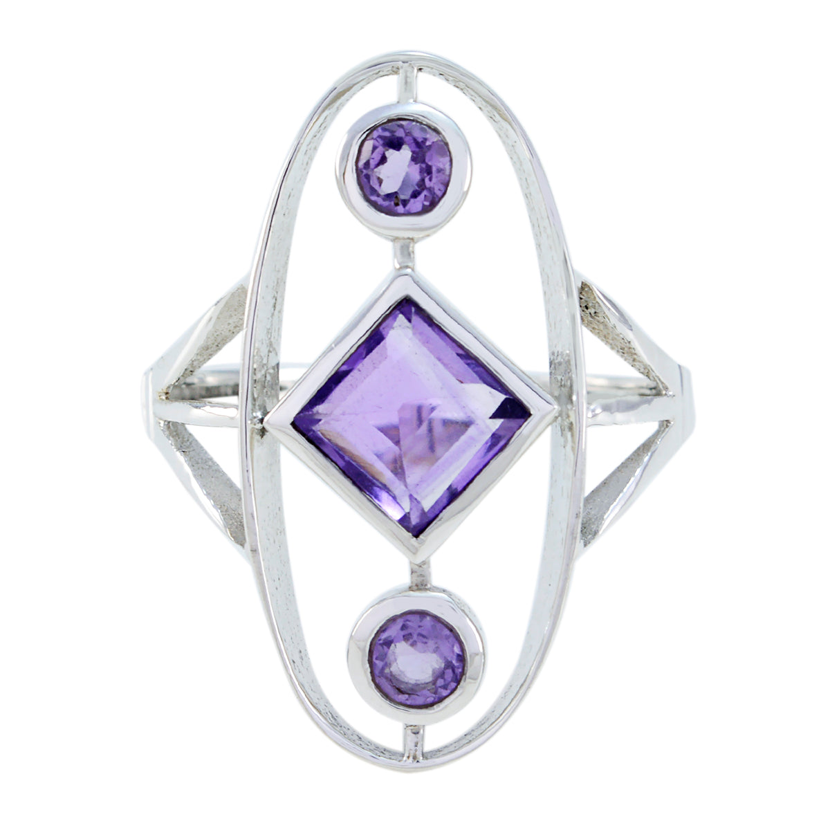 Renata purple gemstone trilogy ring with a large square and two round purple stones in silver setting