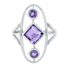 Renata purple gemstone trilogy ring with a large square and two round purple stones in silver setting