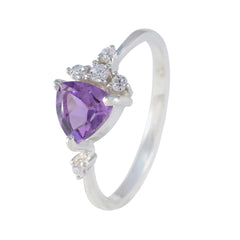 Hana purple halo gemstone ring with triangular purple center stone and small clear side stones