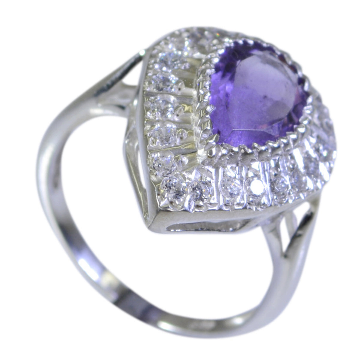 Siti Purple Halo Gemstone Ring with Silver Band Amethyst Purple
