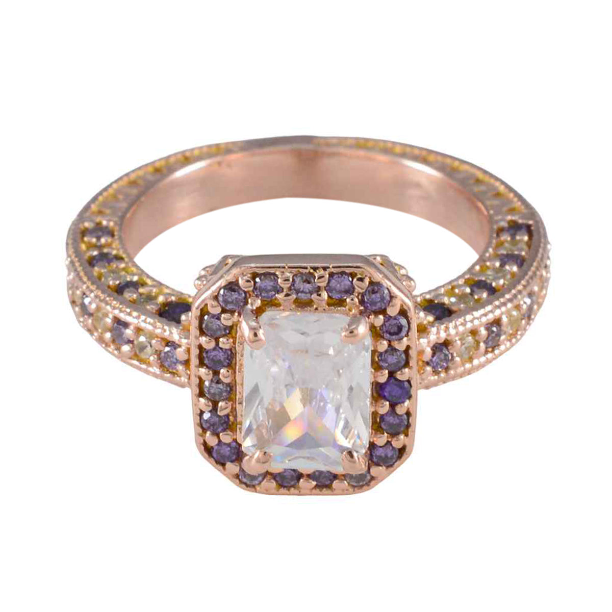 Elena Purple Halo Gemstone Ring with Rose Gold Finish Amethyst Purple