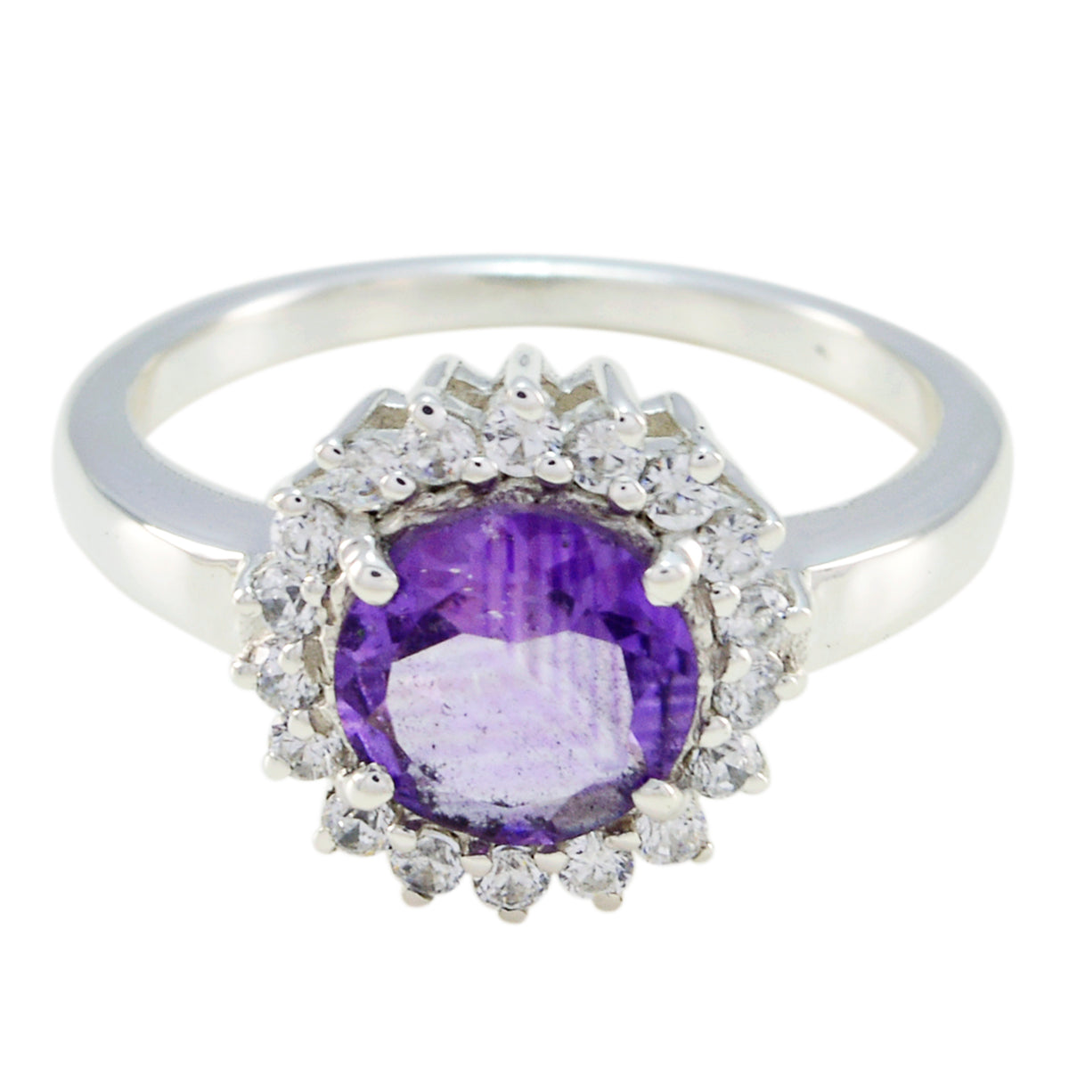 Lea Purple Halo Gemstone Ring with Silver Band Amethyst Purple