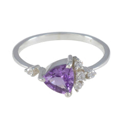 Hana purple halo gemstone ring with a triangular purple stone and small clear accent stones on silver band