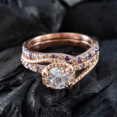 Liyana purple halo promise ring with purple and clear stones and twisted rose gold band
