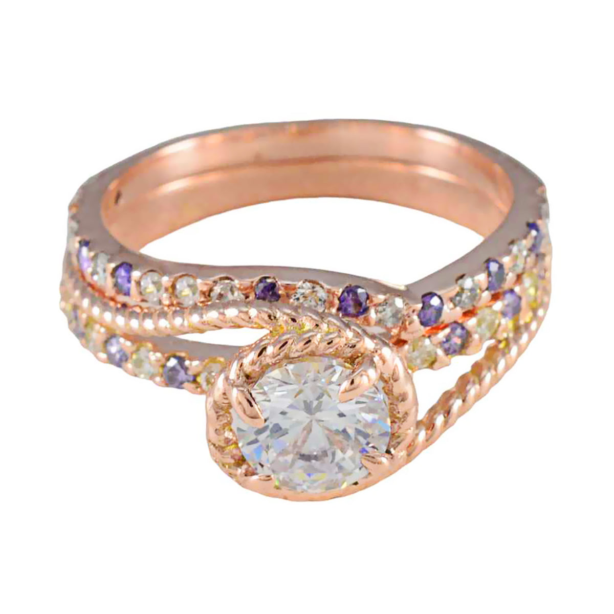 Liyana purple halo promise ring with rose gold band and sparkling central gemstone