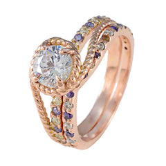 Liyana purple halo promise ring with rose gold band and multicolor gemstones surrounding a central clear stone