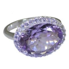 Sarah purple halo ring for women with large oval amethyst center and pave halo on sterling silver band