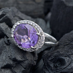 Sarah sterling silver ring with large faceted purple gemstone and diamond surround purple halo ring for women ideal gift