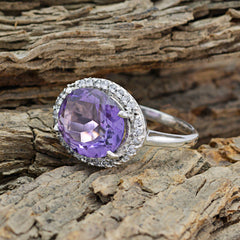 Sarah purple halo ring for women with large round amethyst center and diamond halo on sterling band